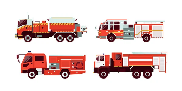 Set Von Verschiedenen Arten Von Roten Feuerwehrfahrzeugen Moderne Flache Vektor — Stockvektor