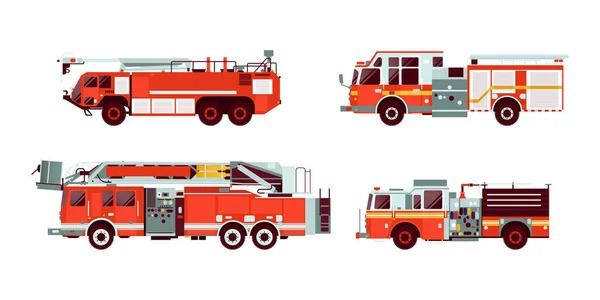 Conjunto Varios Tipos Vehículos Emergencia Camiones Bomberos Rojos Ilustración Vectores — Vector de stock