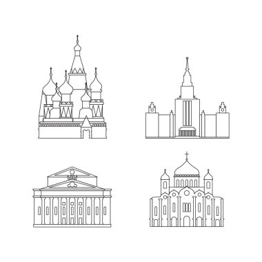 Cartoon symbols and objects set in line of Moscow. Popular tourist architectural objects: St. Basil's Cathedral, MSU, Cathedral of Christ the Saviour, Big Theatre, Moscow icons set. clipart