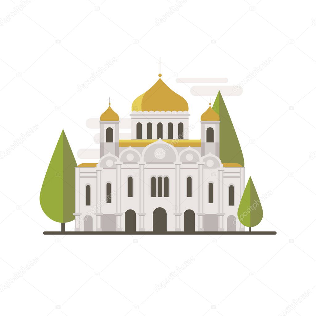Cartoon symbols of Moscow. Popular tourist architectural object: Cathedral of Christ the Saviour.