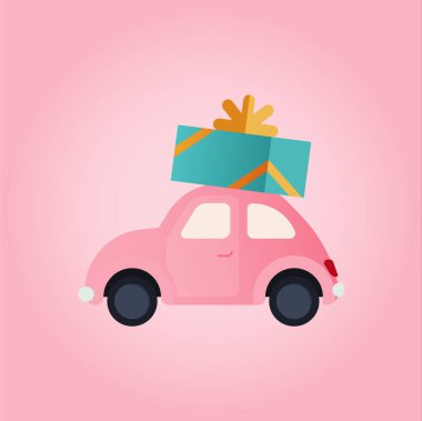 Modern Düz Vektör Tasvirleri. Pembe Arkaplanda Pembe Arabalı Sosyal Medya İlanları. Poster Kavramı. Web Afişi.