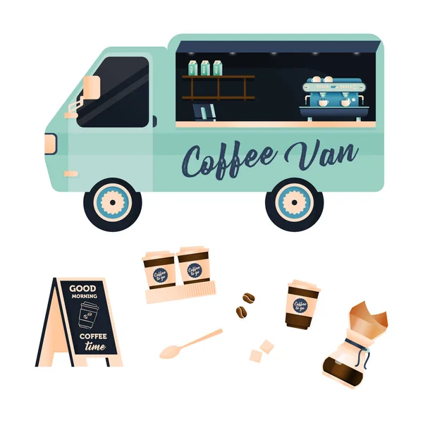 Café Café Food Truck Concept Plat Moderne Camion Alimentaire Coffee — Image vectorielle