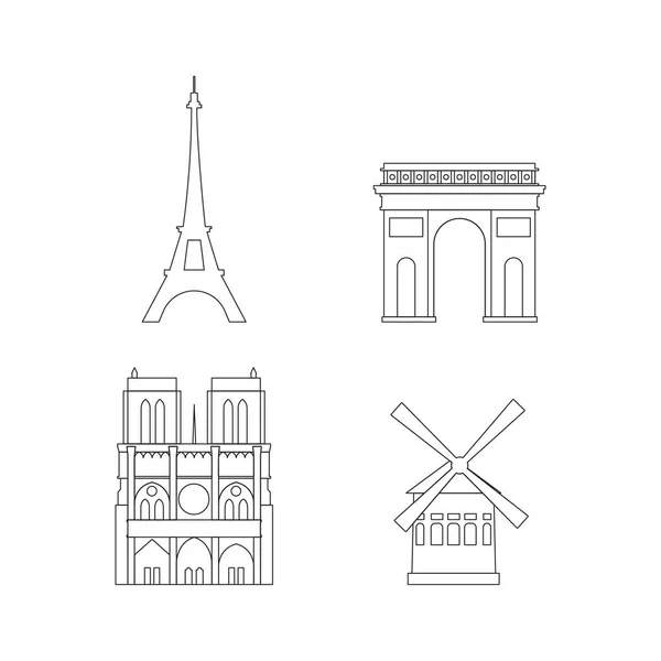 Set Simboli Dei Cartoni Animati Parigi Linea Popolare Oggetto Turistico — Vettoriale Stock