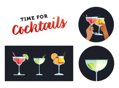 Kokteyller hazır. Modern Düz Vektör Tasvirleri. Kokteyl türleri. Elle tutulan kokteylli rozet ve bir bardak içki. Komik alıntı. Sosyal Medya Reklamları.