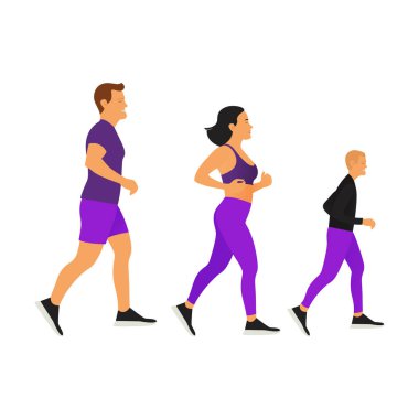 Çocuk ve Ebeveynlerin Koşan Ailesi 'nin Modern Vektör İllüstrasyonu. Erkek, kadın ve Mor Spor Giyim 'deki çocuk. Düz, Spor, Eğitim, Koş.