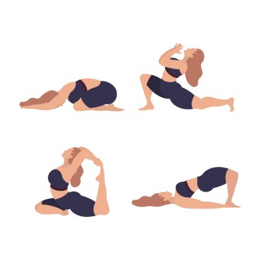 Yoga yapan kadınlar. Çeşitli yoga pozlarındaki güzel kadınların vektör seti. Beyaz arkaplanda izole.