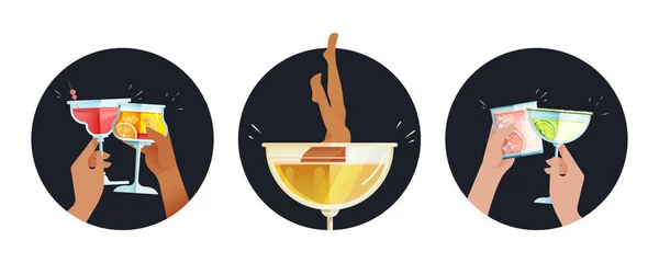 Cocktailset Vorhanden Moderne Flat Vector Concept Illustrationen Abzeichen Mit Händen — Stockvektor