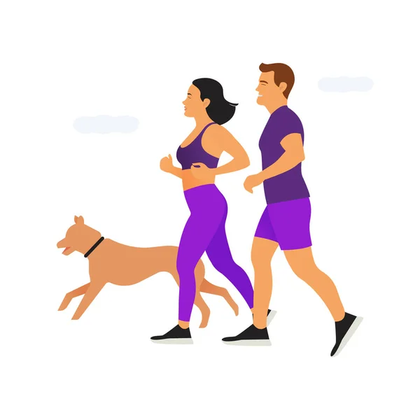 Ilustrasi Vektor Modern Dari Jogging Young Couple Dog Perempuan Dan - Stok Vektor