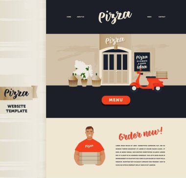 Landing Page Design Template. Modern Flat Vector Concept Illustrations. Pizza Delivery Website. Menu Button. Branding Red Scooter Delivery at Front of Pizza Restaurant. Pizza Guy.