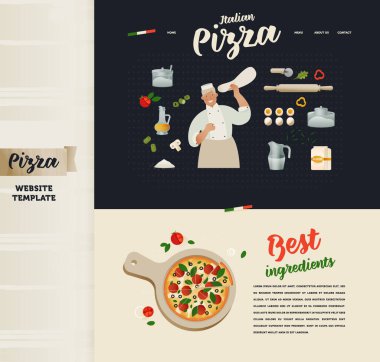 Landing Page Design Template. Modern Flat Vector Concept Illustrations. Pizza Production Process. Skilled Chef Preparing Dough Pizza. Man Wearing Overalls Twisting Dough. Delicious Ingredients.