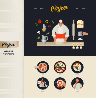 Landing Page Design Template. Modern Flat Vector Concept Illustrations. Pizza Website. Chef Preparing Dough Pizza. Delicious Ingredients. Icons Menu. Blog, Menu, Our Story, Delivery, Reviews, Gallery.