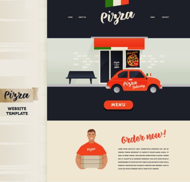 Landing Page Design Template. Modern Flat Vector Concept Illustrations. Pizza Delivery Website. Menu Button. Branding Red Car Delivery at Front of Pizza Restaurant. Italian Style.