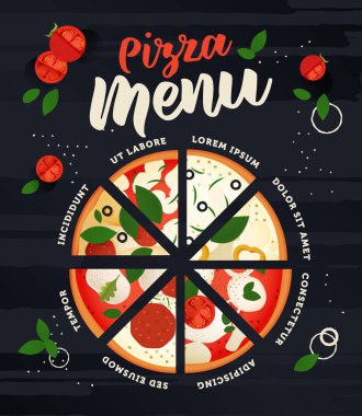 Karanlık Arkaplanda Lezzetli İçindekilerle Farklı Pizza Türleriyle Modern Flat Vector Illustration Pizza. Pizza menüsü. Poster Kavramı. Web Afişi. 