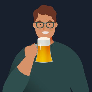 Modern Düz Vektör Tasvirleri. Sosyal medya ilanları. Bir bardak birayla mutlu bir müşteri. Web Sitesi Şablonu.