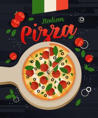 Modern Flat Vector Illustration Pepperoni Pizza reklamları. Kesme tahtasında dilimlenmiş pizza ve Karanlık Arkaplanda Lezzetli İçindekiler. Poster Kavramı. Web Afişi. 