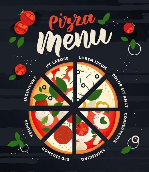 Moderna Pizza Ilustración Vectores Planos Con Diferentes Tipos Pizza Con — Vector de stock
