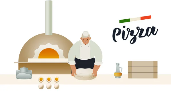 Chef Preparando Pizza Masa Cerca Del Horno Restaurante Modernas Ilustraciones — Vector de stock