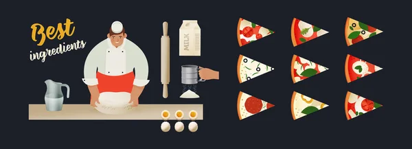 Chef Preparando Pizza Masa Modernas Ilustraciones Concepto Vectorial Plano Hombre — Vector de stock