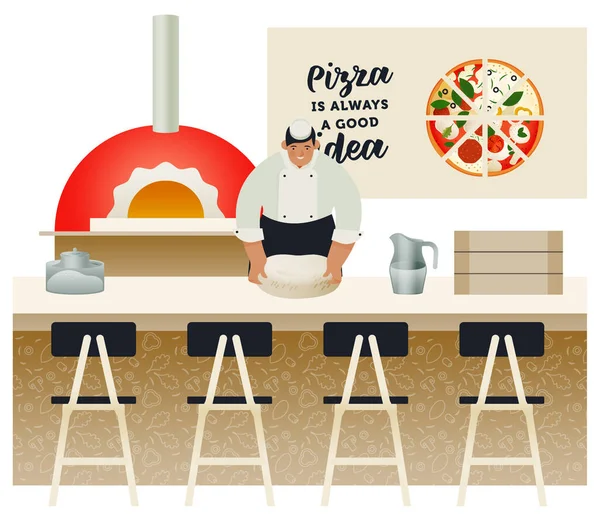 Chef Preparando Pizza Masa Cerca Del Horno Restaurante Modernas Ilustraciones — Vector de stock