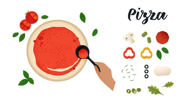 Conjunto Pizza Moderna Ilustración Vectorial Plana Pizza Con Salsa Tomate — Vector de stock