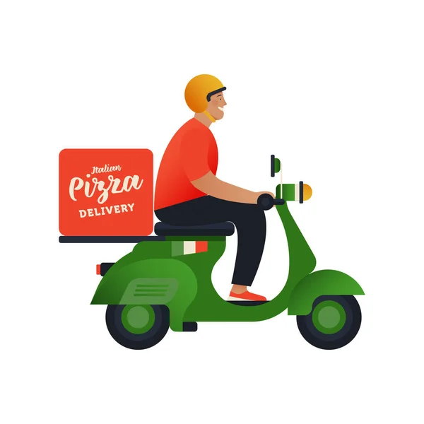 Repartidor Pizza Moto Moderna Ilustración Vectorial Plana Hombre Con Casco — Vector de stock