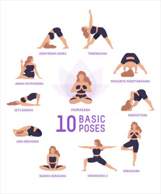 10 temel pozdan oluşan vektör çizimi. Trikonasana, Prasarita Padotanasana, Pasvottana, Vrksasana, Virabhadra-2, Baddha Konasana, Janu Sirsasana, Setu Bandha, Ardha Matsyendra, Adho Mukha Svana. 