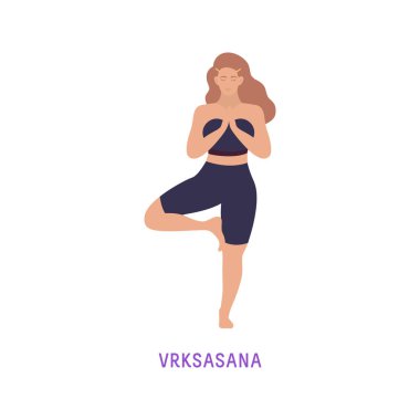 Yoga Kadını 'nın Vektör İllüstrasyonu. Beyaz Arkaplan 'da izole bir figür. Vrksasana - Ağaç Duruşu.