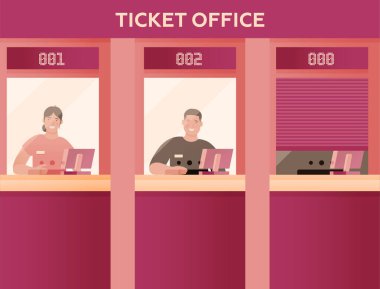 Gülümseyen Kadın ve Erkek Operatörler ve Yeni Müşteriler İşaretleri ile Bilet Ofisi 'nin Vector Flat Illulation' ı. Bilet Bilet Ofisi 'ni aç ve kapat. Bilet Servisi, Kasiyerlerle Nakit Masası.