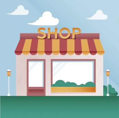 Çevrimdışı Dükkan Binası 'nın Lambalar ve Çalılıklar Arası Görünümü' nün Vector Flat Illustration 'u. Sokak Binası ve Bulutları. 