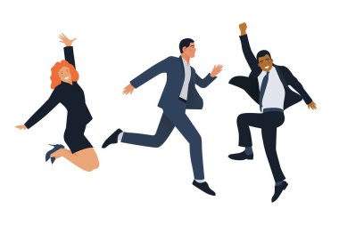 Neşeli bir şekilde havaya atlayan bir grup mutlu iş adamı. Modern Düz Vektör İllüstrasyonu. Duygu ve Duygu Sosyal Medya Kavramı.