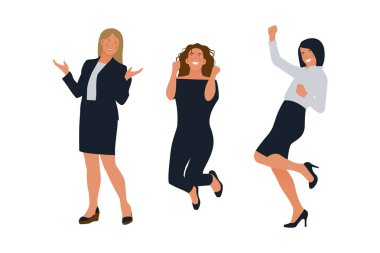 Neşeli bir şekilde havaya zıplayan Mutlu İş Kadınları seti. Modern Düz Vektör İllüstrasyonu. Duygu ve Duygu Sosyal Medya Kavramı.
