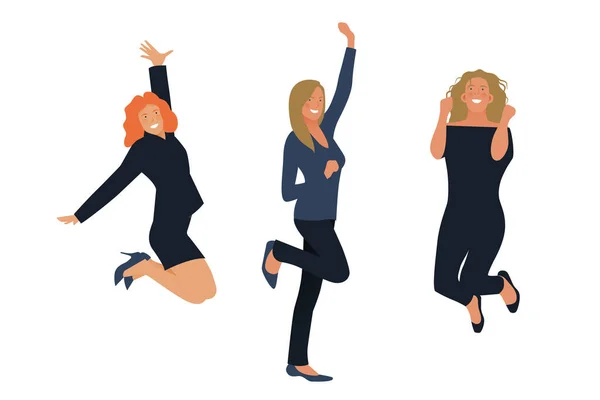 Conjunto Mujeres Empleadas Negocios Felices Saltando Aire Alegremente Moderna Ilustración — Archivo Imágenes Vectoriales