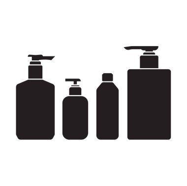 Beyaz arka planda izole edilmiş kozmetik plastik şişe koleksiyonu. Simge. Siyah dolgu. Düz.