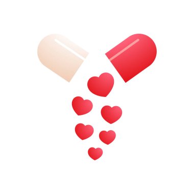 Sevgililer Günü çıkartması. Modern Düz Vektör Tasvirleri. Hearts Icon 'lu kapsül hapları. Sosyal Medya Reklamları.