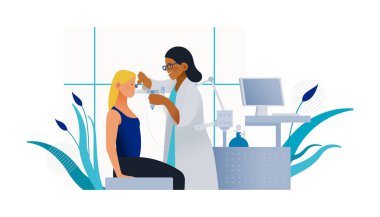 Afro-Amerikalı Doktor Kafkasyalı Hasta üzerinde Pletismografi yapıyor Tıbbi Ofiste veya Laboratuvarda. Solunum hastalıkları. Modern Düz Vektör İllüstrasyonu. Hastaya Akciğer Fonksiyon Testi.