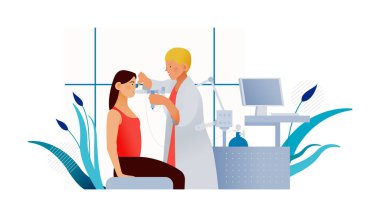 Tıbbi Ofiste veya Laboratuvarda Doktor Pletismografi Yapıyor. Solunum hastalıkları. Modern Düz Vektör İllüstrasyonu. Hastaya Akciğer Fonksiyon Testi.