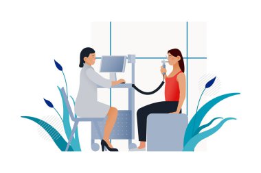 Spirometri. Modern Düz Vektör İllüstrasyonu. Kadın Hasta Laboratuvarında veya Ofiste Spirometri Uzmanı. Web Sitesi Sancak Şablonu. 