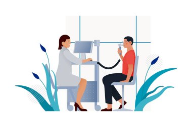 Spirometri. Modern Düz Vektör İllüstrasyonu. Laboratuvarda veya Ofiste Erkek Hasta Spirometri Uzmanı. Web Sitesi Sancak Şablonu. 