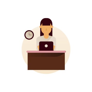 Masada Oturan Kadın Dizüstü bilgisayarla Ofiste Öğrenip Çalışıyor. Öğrenme ve Çalışma Konsepti. Kadın İzolasyonu. Çizgi film Vektör İllüstrasyonu.