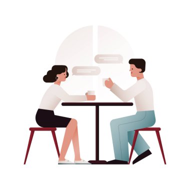 Kafe 'de yan yana oturan iki genç insan izole edilmiş arka planda içki içip sohbet ediyorlar. Moda Konsepti. Web sitesi şablonu. İniş Sayfası.