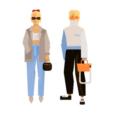 Moda Elbiseli Güzel Kadınlar ve Çantalı Güneş Gözlükleri 'nin Çeşitli Pozisyonları' nın Vektör Resimleri. Düz konsept. Moda biçimi.