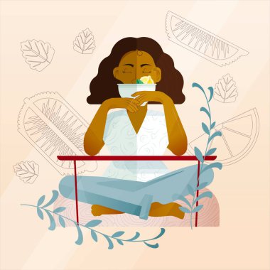 Yastığın Üzerinde Oturan Çay İçen Güzel Kız. Vektör İllüstrasyonu. Koyu saçlı, limonlu çay bardağıyla Düz Kadın Karakteri. Naneli Yapraklar, Limonlu Dilimler Arkaplanda.