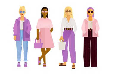 Moda Elbiseli Güzel Kadınlar ve Çantalı Güneş Gözlükleri 'nin Çeşitli Pozisyonları' nın Vektör Resimleri. Düz konsept. Moda biçimi. 