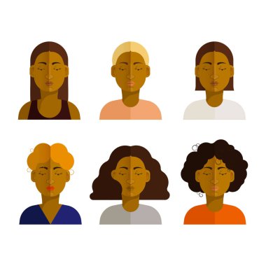 Güzel bir kadın avatar koleksiyonu. Farklı saç stiline sahip kullanıcı yüzleri. Moda, modern tarz. Düz Çizgi Karakter Tasarımı.