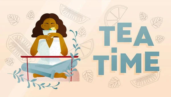 Güzel Kız Çay Çiyor Yastığın Üzerinde Çay Zamanı Ile Oturuyor — Stok Vektör