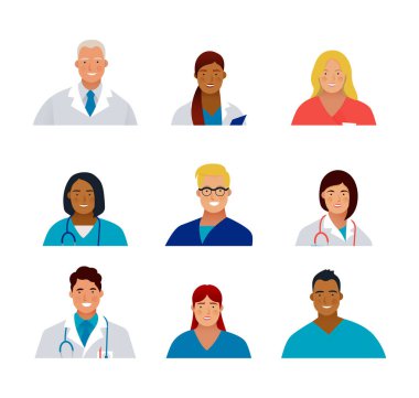 Sağlık sigortası. En iyi doktorlar. Modern Düz Vektör Tasviri. Tıbbi uzmanlar. Doktorlar ve Hemşireler Portreleri, Doktorlar Takımı.