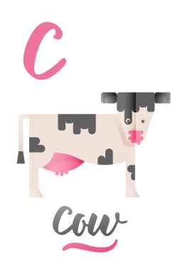 C harfi İnek için. ABC Illustrations with Associated Picture. Dili olan sevimli bir hayvan. Modern Düz Vektör İllüstrasyon Şablonu.