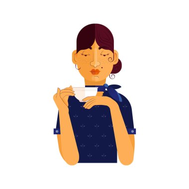 Güzel kız kupadan içer. Modern Düz Vektör İllüstrasyonu. Koyu saçlı çörekli çay fincanı olan şık giyinen kadın karakter. Sosyal Ortam Şablonu.