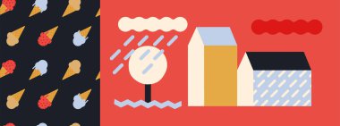 Dekoratif elementler. Yağmurlu Bulut 'la şehir manzarası. Dondurmasız Dondurma Deseni Arkaplanı. Modern Düz Vektör İllüstrasyonu. Sosyal Medya Reklamları.