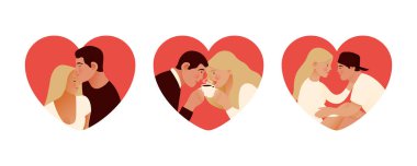 Sevgililer Günü Kalp Şekilli Çizgi Film seti. Modern Düz Vektör İllüstrasyonu. Birbirinin karşısında oturan bir çift. Sosyal Medya Reklamları.